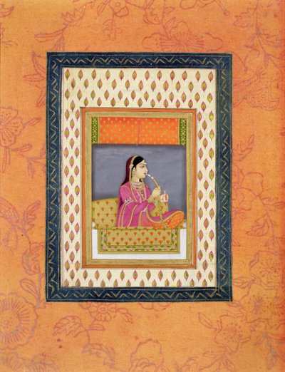 A lady smoking a hookah and holding a perfume flask by Mughal School